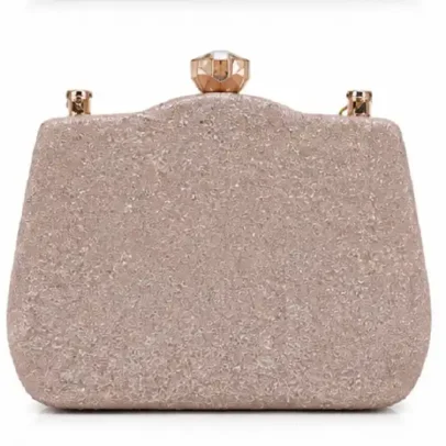 Fashion Women's Champagne Glitter Box Clutch with Crystal Clasp Closure