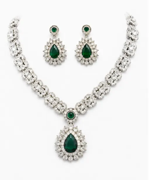 Fashion Women's Emerald Green American Diamond Necklace Set | Premium Bridal & Party Jewellery Set - Image 4
