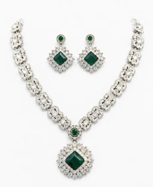 Fashion Women's Emerald Green American Diamond Necklace Set | Premium Bridal & Party Jewellery Set - Image 6