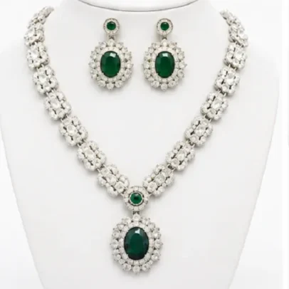 Fashion Women's Emerald Green American Diamond Necklace Set with Matching Earrings