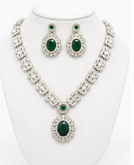 Fashion Women's Emerald Green American Diamond Necklace Set with Matching Earrings