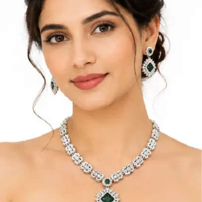 Womens Emerald Green American Diamond Necklace Set,.,