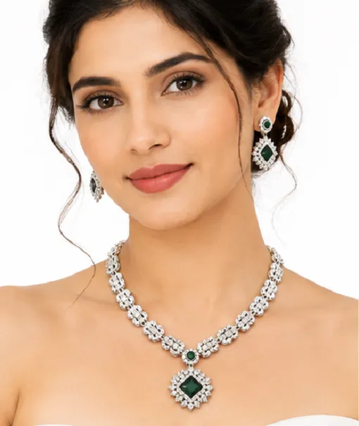Fashion Women's Emerald Green American Diamond Necklace Set | Premium Bridal & Party Jewellery Set - Image 2