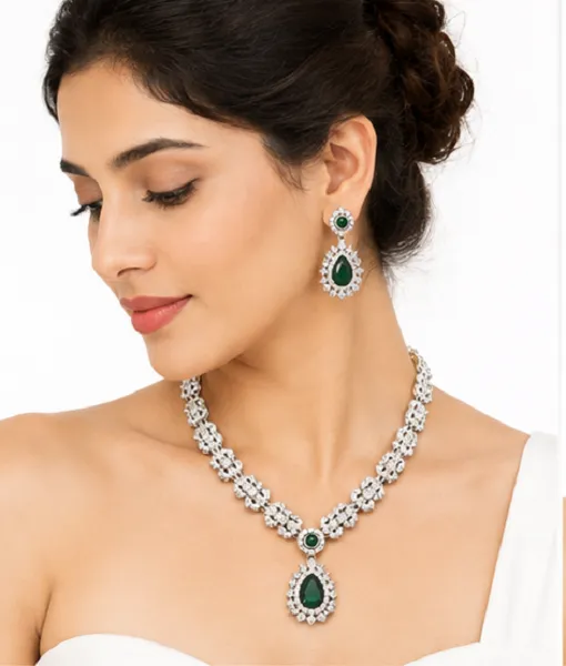 Fashion Women's Emerald Green American Diamond Necklace Set | Premium Bridal & Party Jewellery Set - Image 3