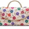 Women's Floral Embroidered White Envelope Clutch with Gold Chain Strap