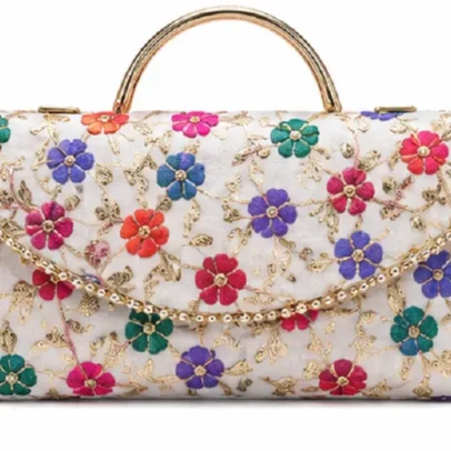 Women's Floral Embroidered White Envelope Clutch with Gold Chain Strap