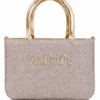 Women's Rose Gold Metallic Top Handle Handbag with Elegant Gold Handles