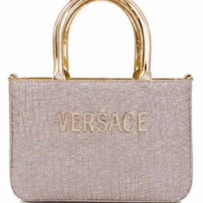 Women's Rose Gold Metallic Top Handle Handbag with Elegant Gold Handles