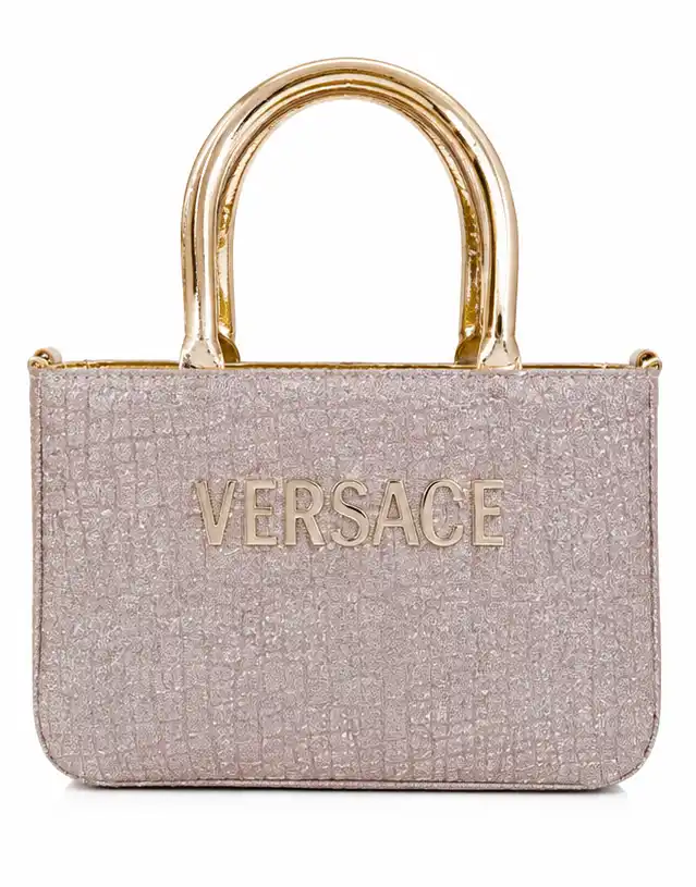 Women's Rose Gold Metallic Top Handle Handbag with Elegant Gold Handles