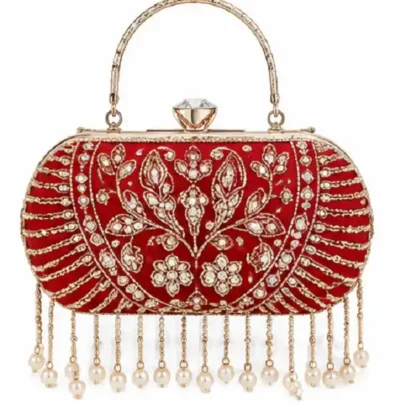 Womens Red Embroidered Bridal Clutch Bag,,.