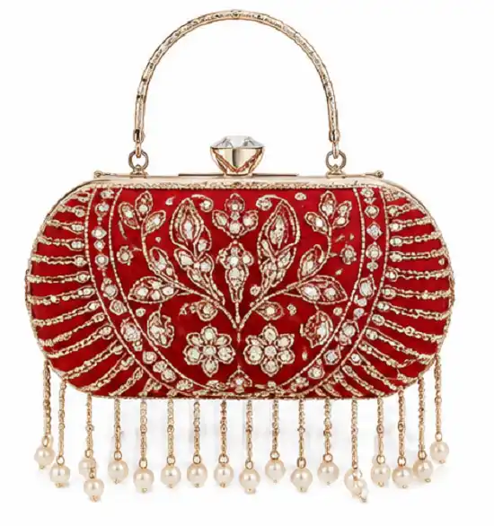 Women's Red Embroidered Bridal Potli Clutch Bag | Premium Pearl Tassel Evening - Image 2