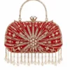 Fashion Women's Red Embroidered Bridal Clutch Bag with Pearl Tassels and Metal Handle