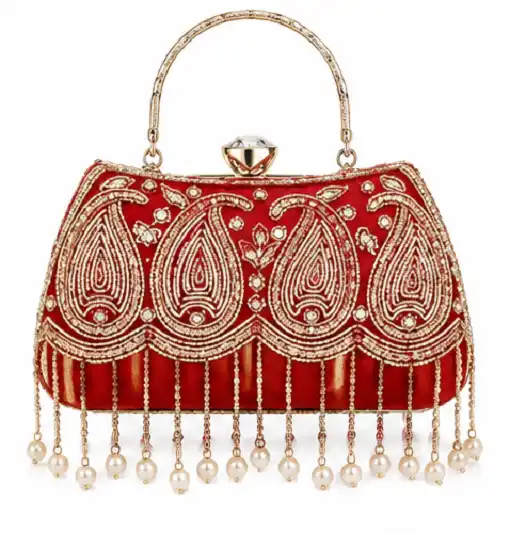 Women's Red Embroidered Bridal Potli Clutch Bag | Premium Pearl Tassel Evening - Image 3
