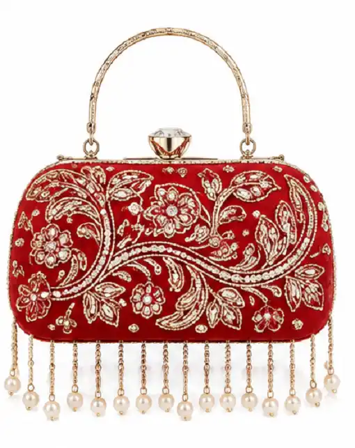 Women's Red Embroidered Bridal Potli Clutch Bag | Premium Pearl Tassel Evening - Image 5