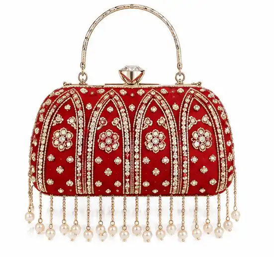 Women's Red Embroidered Bridal Potli Clutch Bag | Premium Pearl Tassel Evening - Image 6