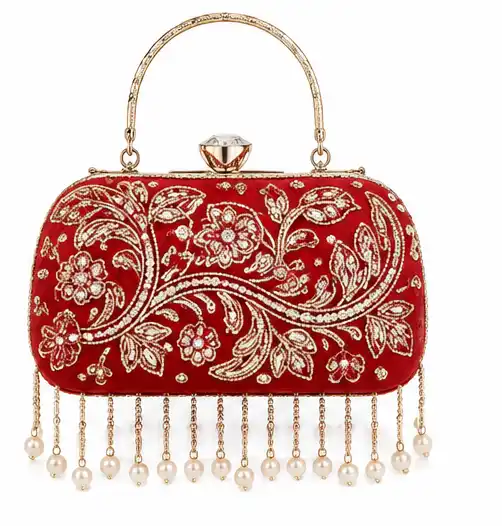 Women's Red Embroidered Bridal Potli Clutch Bag | Premium Pearl Tassel Evening - Image 7