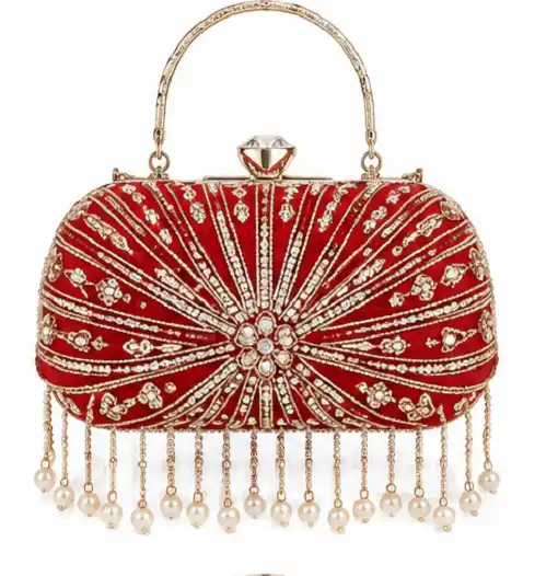 Fashion Women's Red Embroidered Bridal Clutch Bag with Pearl Tassels and Metal Handle