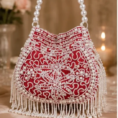 Womens Red Pearl Embroidered Potli Bag with Pearl Handle and Beaded Tassels