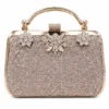 Women's Rose Gold Crystal Box Clutch with Floral Crystal Design and Metal Handle