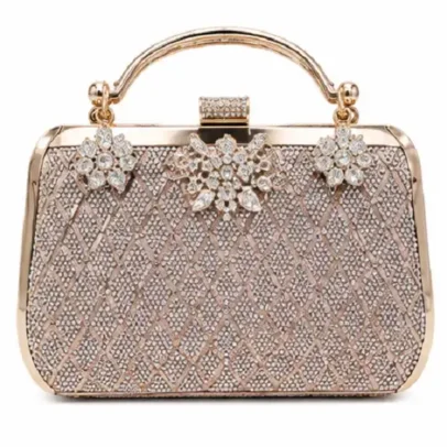 Women's Rose Gold Crystal Box Clutch with Floral Crystal Design and Metal Handle