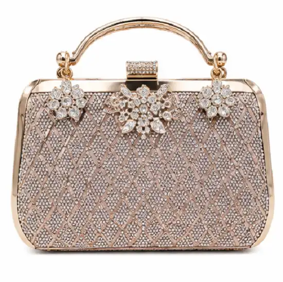 Women's Rose Gold Crystal Box Clutch with Floral Crystal Design and Metal Handle