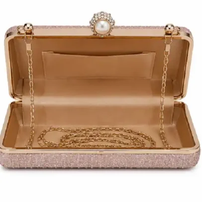 Womens Rose Gold Pearl Clasp Evening Clutch Bag with Metal Handle,