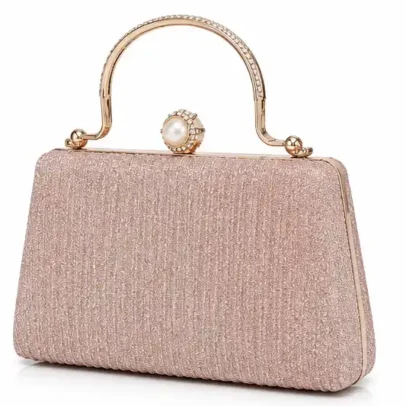 Womens Rose Gold Pearl Clasp Evening Clutch Bag with Metal Handle