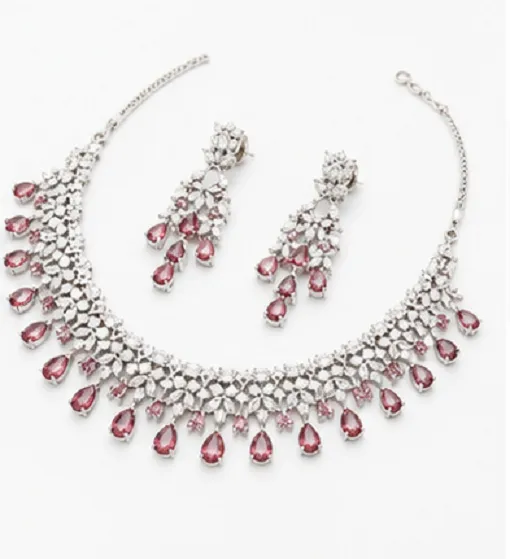 Fashion Women's Rose Pink American Diamond Necklace Set | Premium Bridal & Party Jewellery Set - Image 4