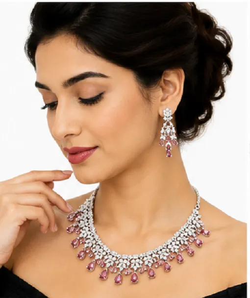 Fashion Women's Rose Pink American Diamond Necklace Set | Premium Bridal & Party Jewellery Set - Image 5