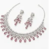 Fashion Women's Rose Pink American Diamond Necklace Set with Matching Drop Earrings