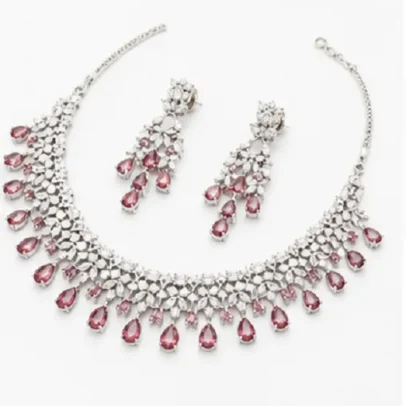 Fashion Women's Rose Pink American Diamond Necklace Set with Matching Drop Earrings