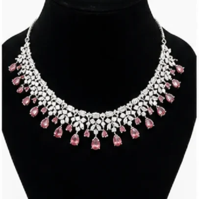 Womens Rose Pink American Diamond Necklace Set with Matching Drop Earrings,.,