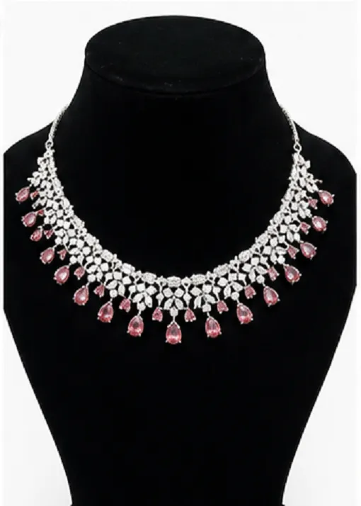 Fashion Women's Rose Pink American Diamond Necklace Set | Premium Bridal & Party Jewellery Set - Image 2