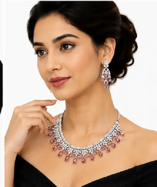 Fashion Women's Rose Pink American Diamond Necklace Set | Premium Bridal & Party Jewellery Set - Image 3