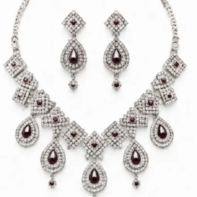 Fashion Women's Ruby Red American Diamond Necklace Set with Matching Designer Earrings