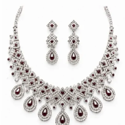Womens Ruby Red American Diamond Necklace Set with Matching Designer Earrings,.