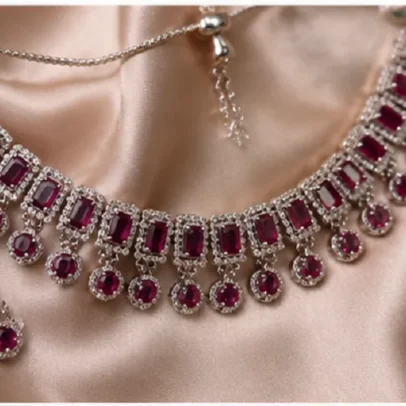 ilver Plated Ruby Red Stone Necklace Set with Earrings,