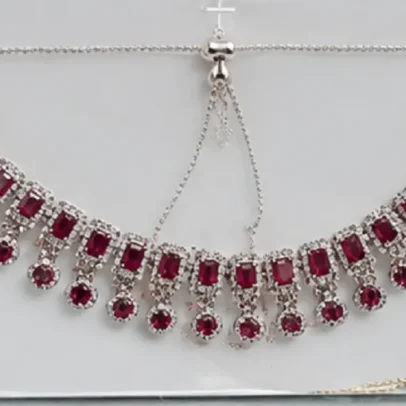 Silver Plated Ruby Red Stone Necklace Set with Matching Earrings for Women