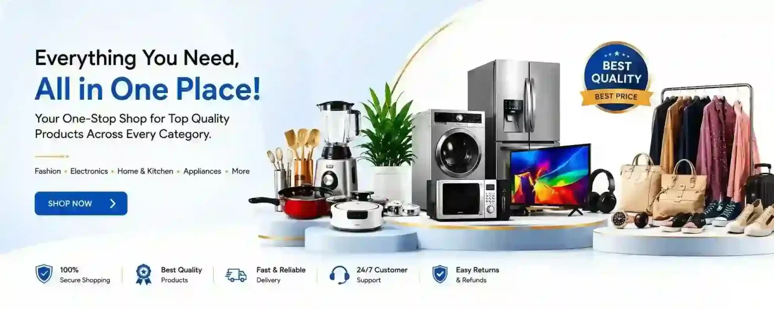 Premium eCommerce hero banner featuring fashion, electronics, kitchen appliances, home essentials, and accessories with a modern shopping theme.